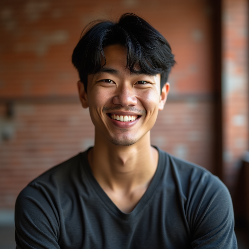 Loft AI portrait — exposed brick, warm modern creative loft