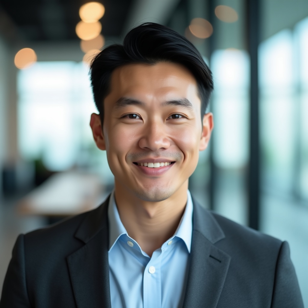 Office AI portrait — real workspace bokeh with glass-walled meeting room